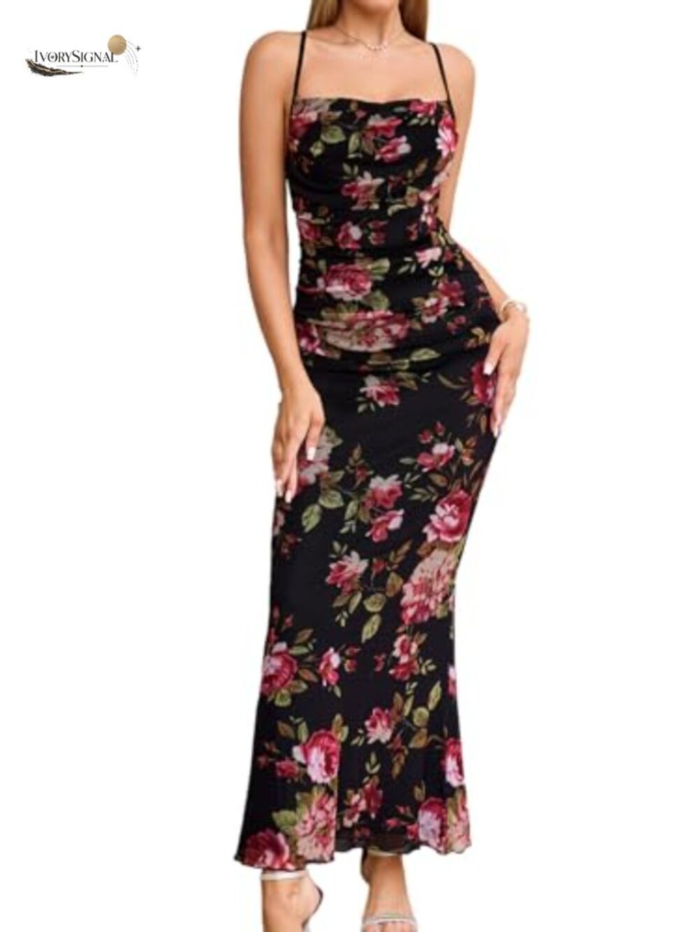 Women's Floral Bodycon Maxi Dress Spaghetti Strap Ruched Wedding Guest